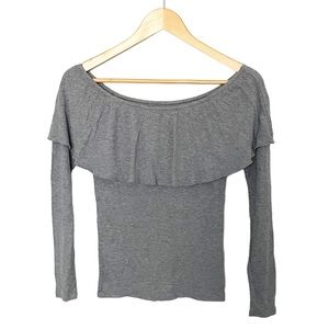 Hollister Gray Ribbed Off the Shoulder Ruffle Long Sleeve Top